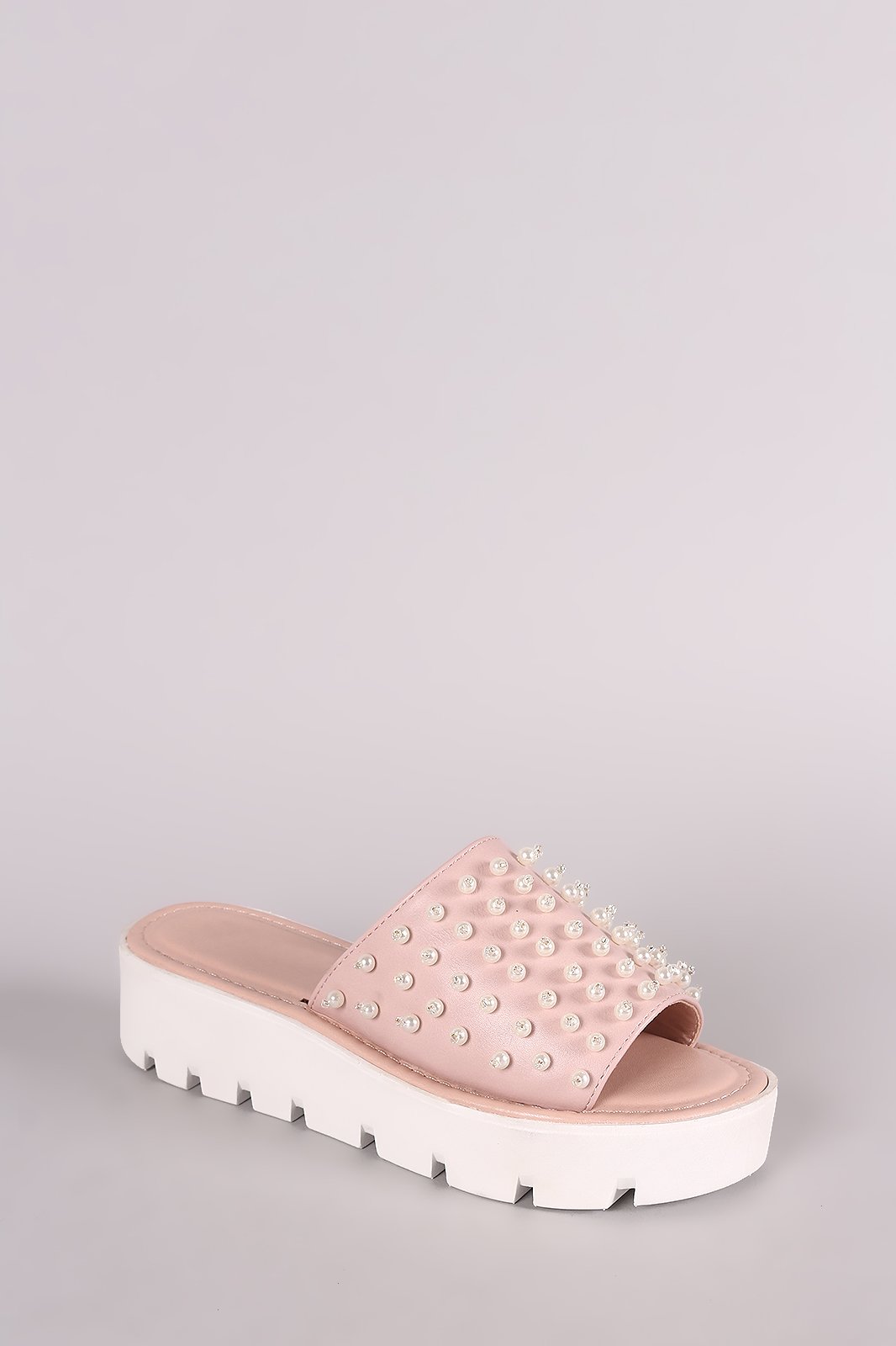 Faux Pearl Embellished Lug Sole Slide Flatform Wedge - NoveltyOne