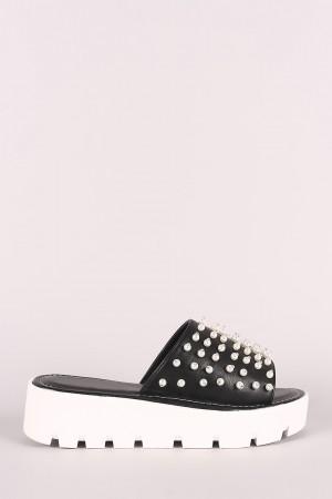Faux Pearl Embellished Lug Sole Slide Flatform Wedge - NoveltyOne