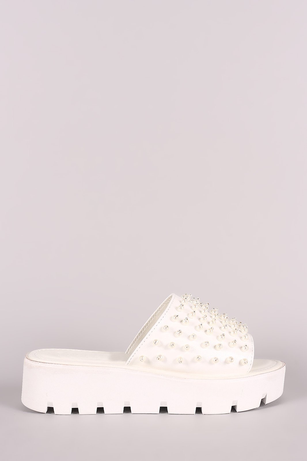 Faux Pearl Embellished Lug Sole Slide Flatform Wedge - NoveltyOne