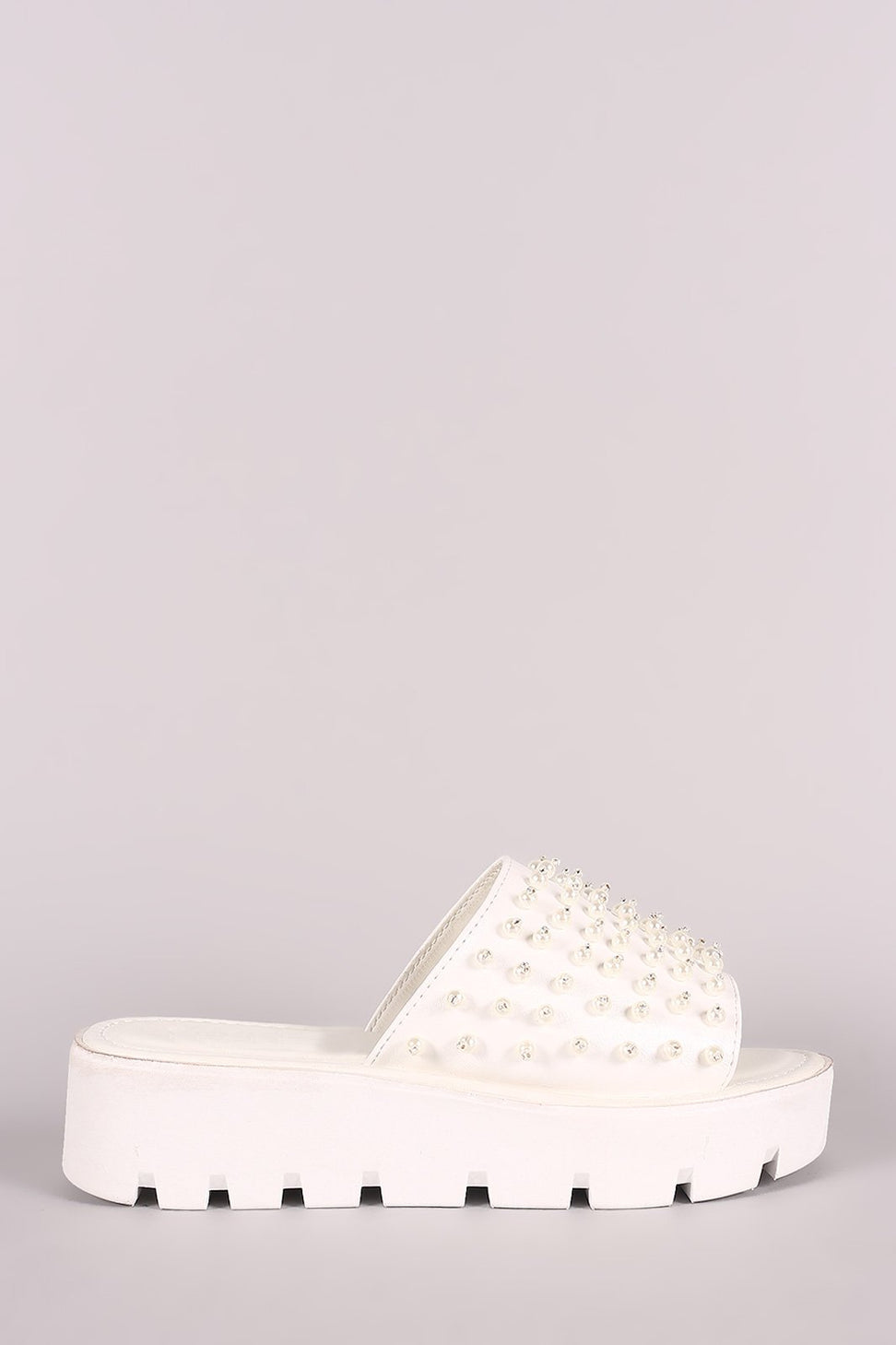 Faux Pearl Embellished Lug Sole Slide Flatform Wedge - NoveltyOne