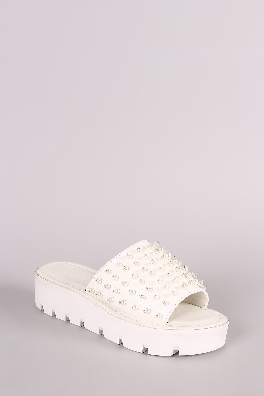 Faux Pearl Embellished Lug Sole Slide Flatform Wedge - NoveltyOne