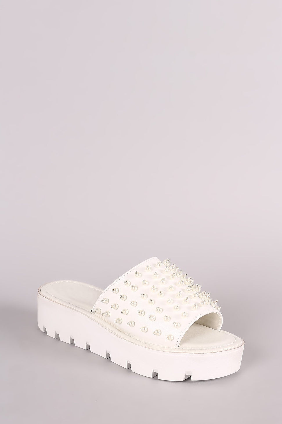 Faux Pearl Embellished Lug Sole Slide Flatform Wedge - NoveltyOne