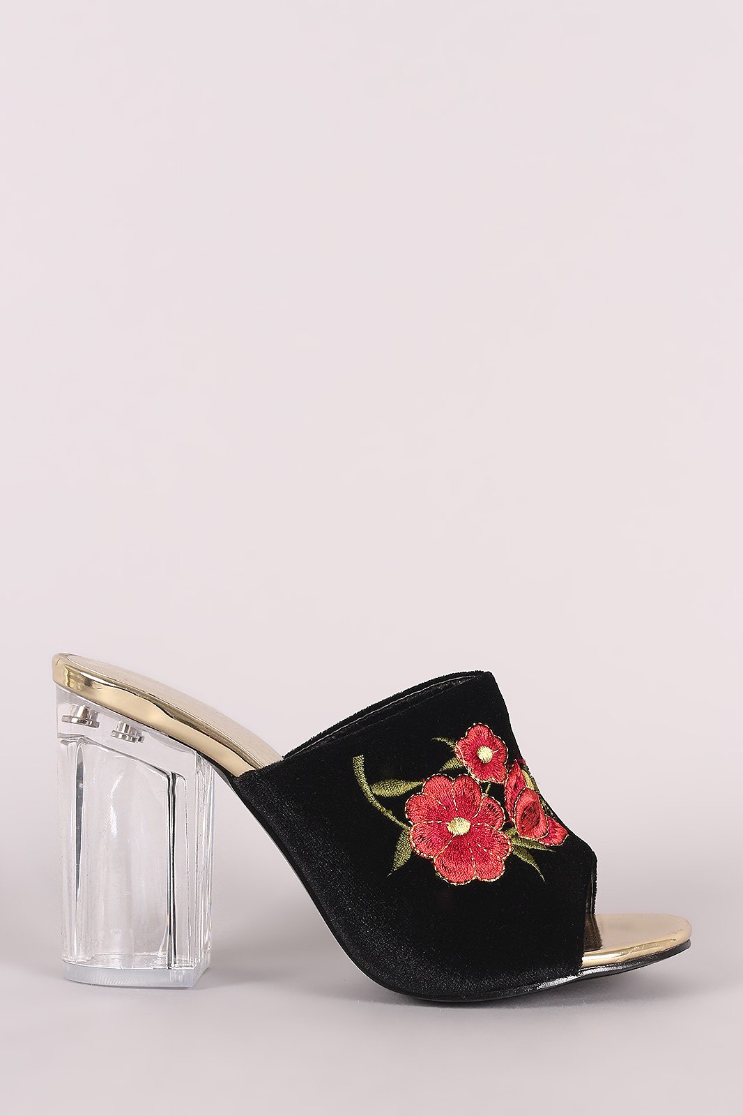 Embroidery Floral Velvet Mule Chunky Clear Heel