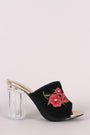 Embroidery Floral Velvet Mule Chunky Clear Heel