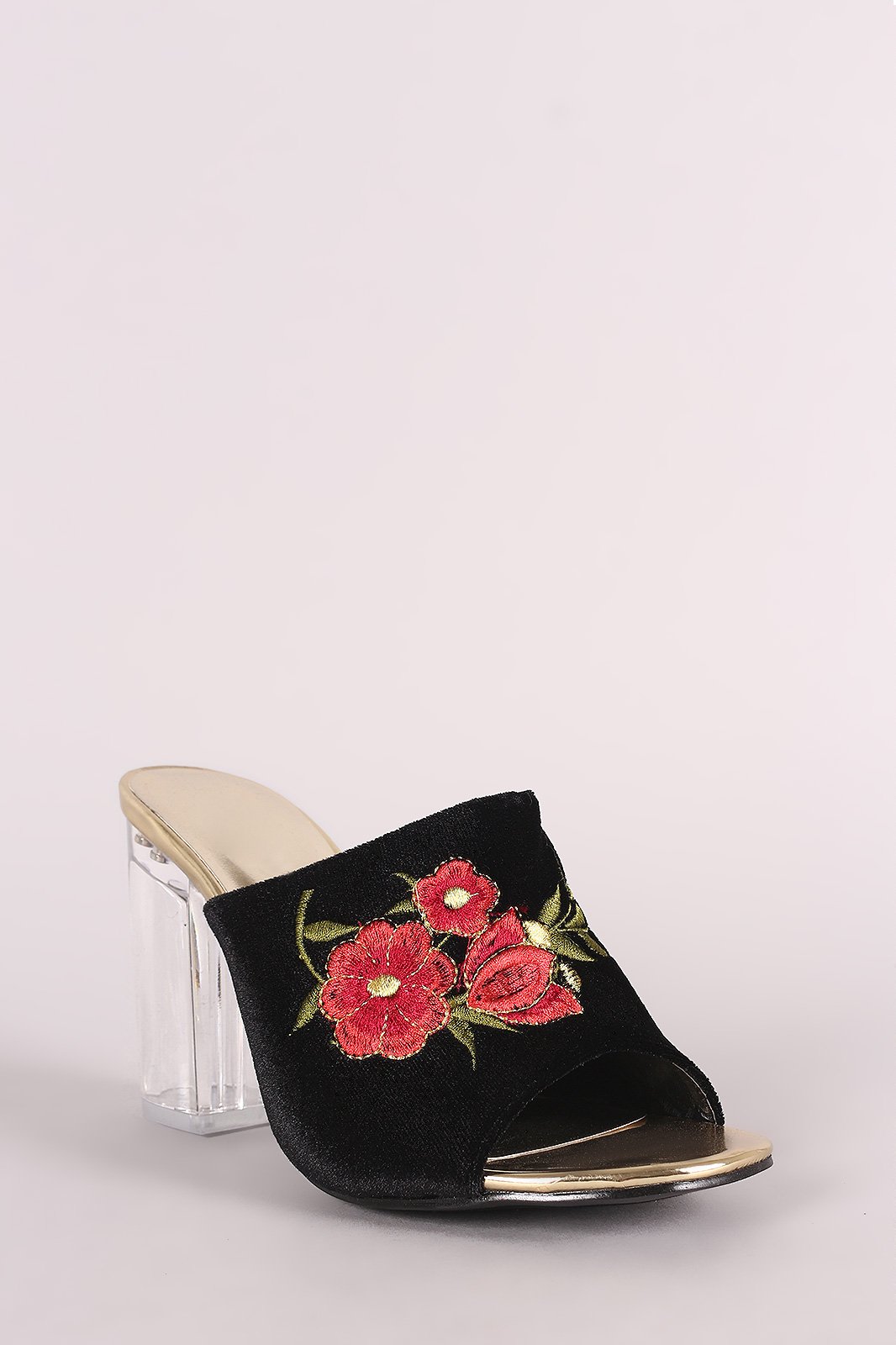 Embroidery Floral Velvet Mule Chunky Clear Heel