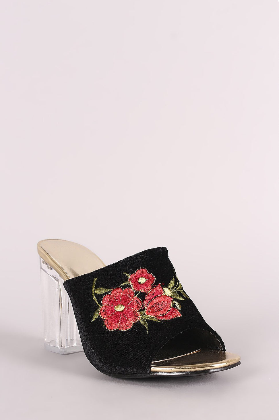 Embroidery Floral Velvet Mule Chunky Clear Heel