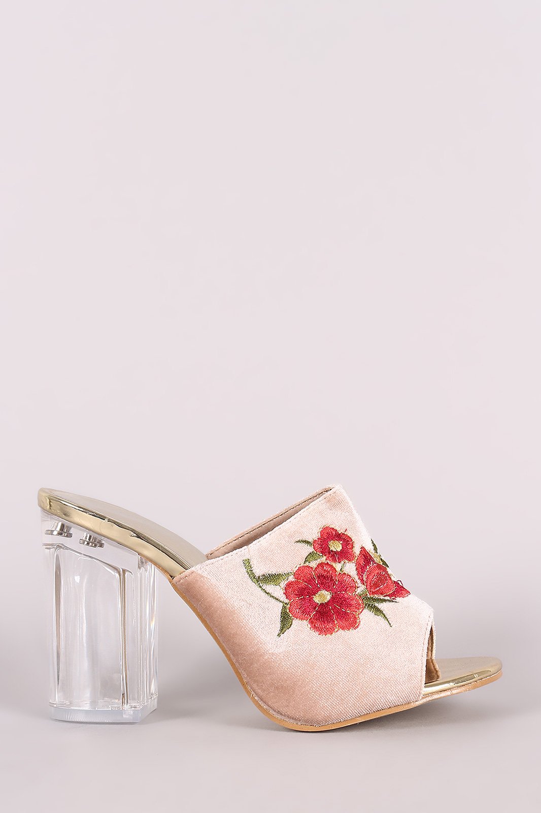 Embroidery Floral Velvet Mule Chunky Clear Heel