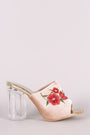 Embroidery Floral Velvet Mule Chunky Clear Heel