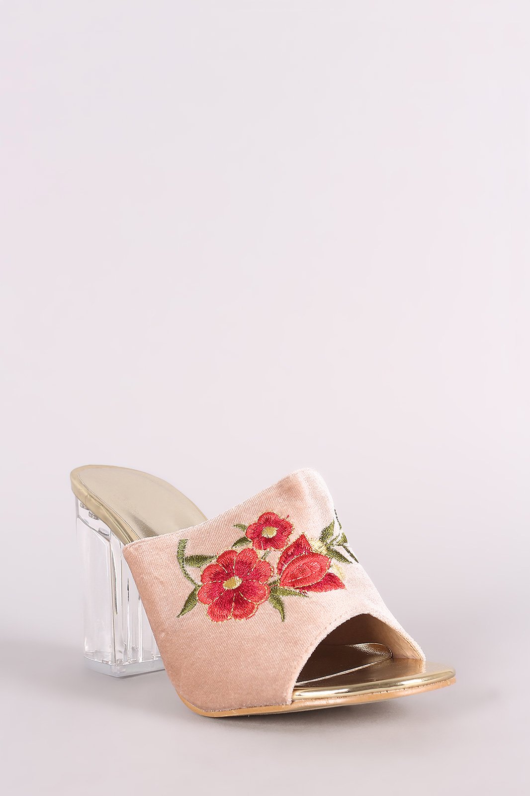 Embroidery Floral Velvet Mule Chunky Clear Heel