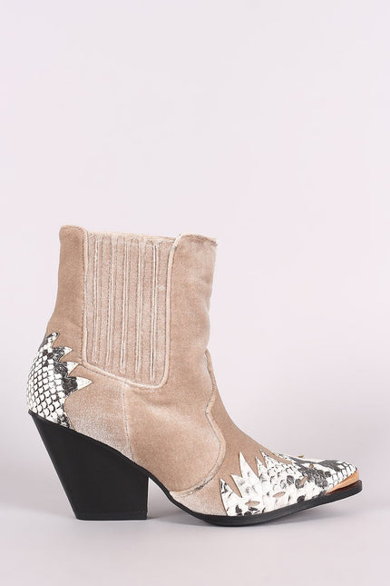 Velvet Snake Flame Accent Pointy Toe Chunky Heeled Cowboy Booties