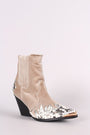 Velvet Snake Flame Accent Pointy Toe Chunky Heeled Cowboy Booties