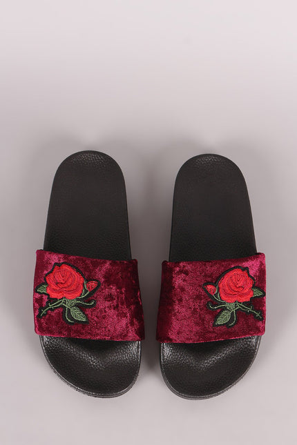 Embroidery Rosette Velvet Slide Sandal