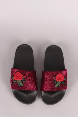 Embroidery Rosette Velvet Slide Sandal