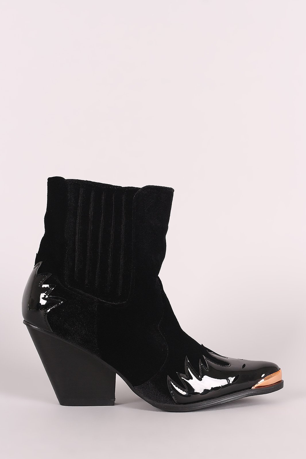Velvet Flame Accent Pointy Toe Chunky Heeled Cowboy Booties
