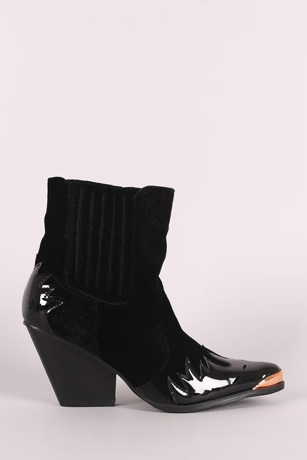 Velvet Flame Accent Pointy Toe Chunky Heeled Cowboy Booties
