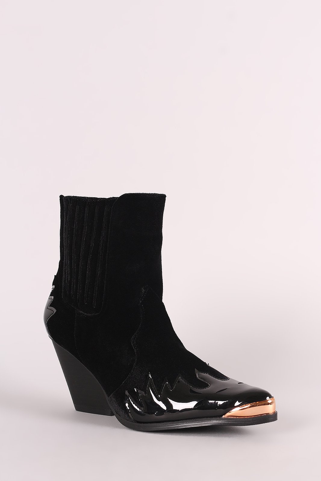Velvet Flame Accent Pointy Toe Chunky Heeled Cowboy Booties