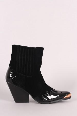 Velvet Flame Accent Pointy Toe Chunky Heeled Cowboy Booties