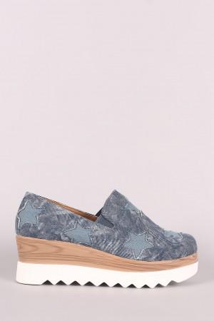 Denim Stars Accent Lug Sole Loafer Wedge Sneaker - NoveltyOne