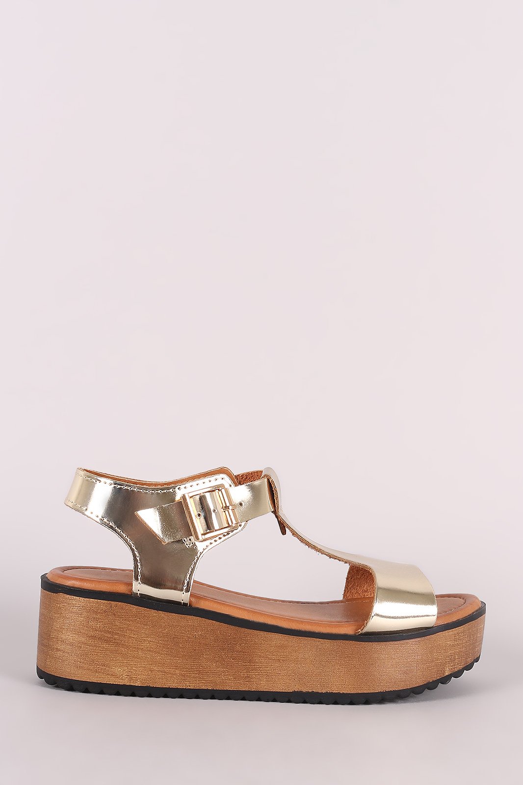 Metallic Open Toe T-Strap Flatform Wedge