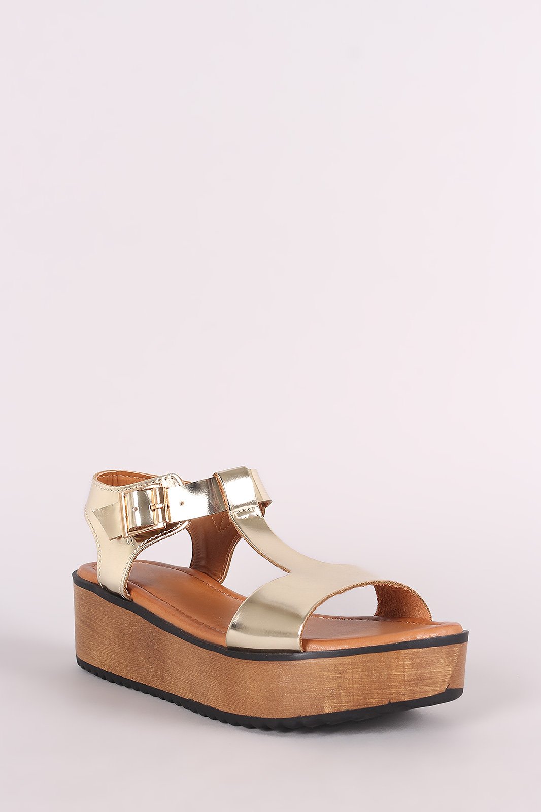 Metallic Open Toe T-Strap Flatform Wedge