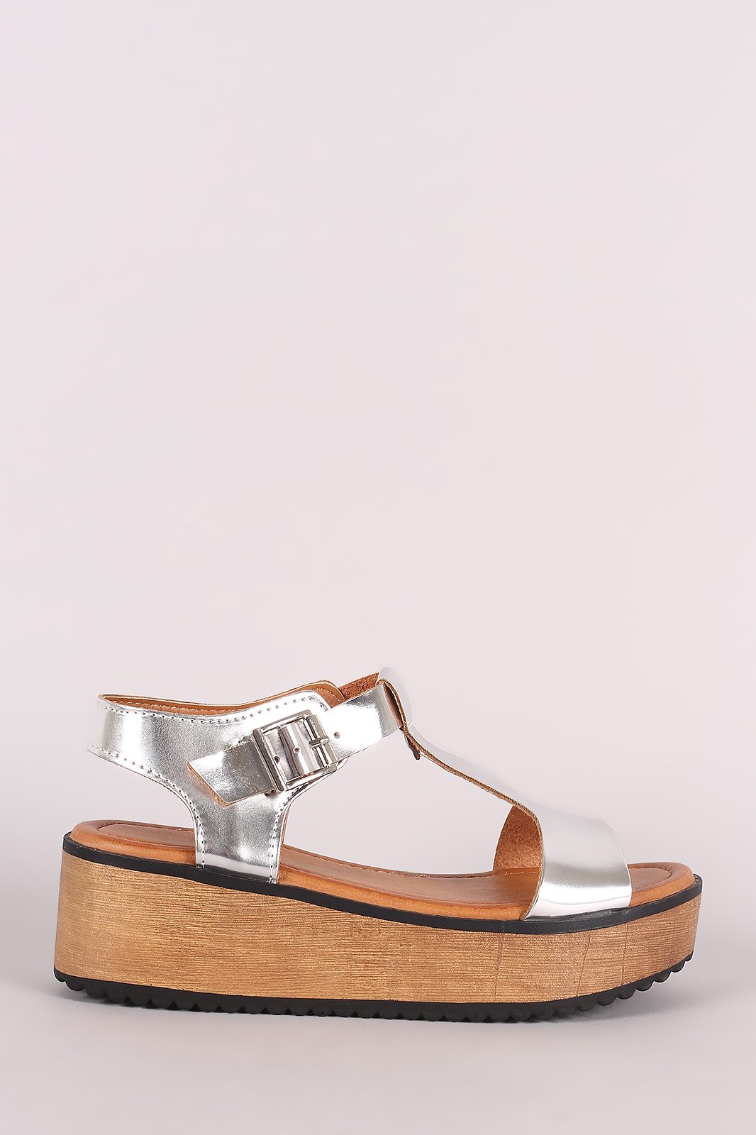 Metallic Open Toe T-Strap Flatform Wedge