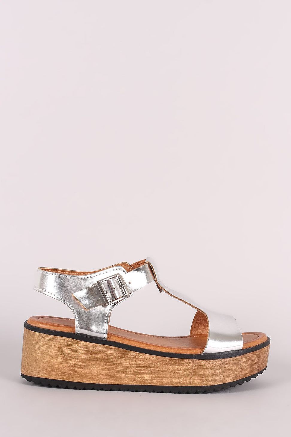 Metallic Open Toe T-Strap Flatform Wedge
