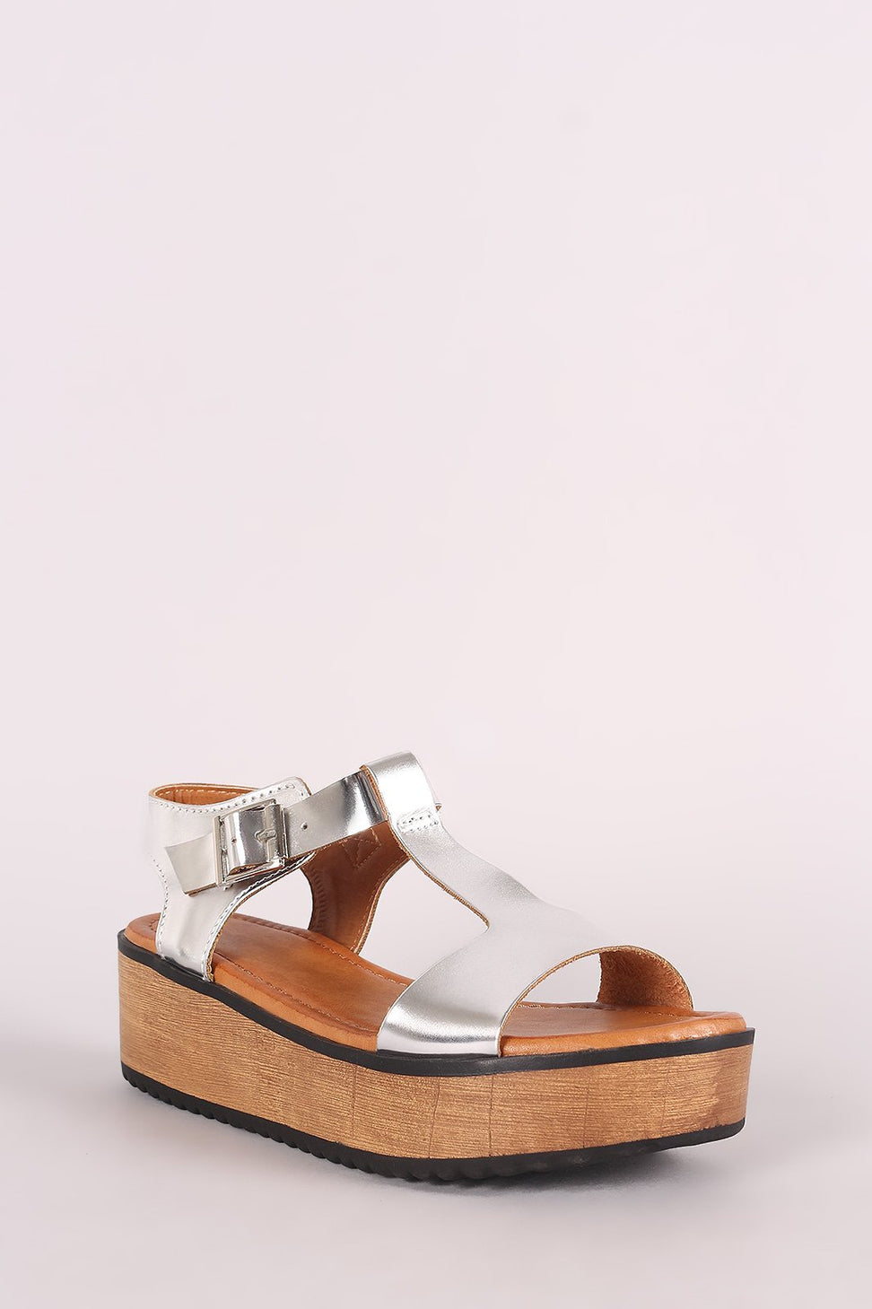 Metallic Open Toe T-Strap Flatform Wedge