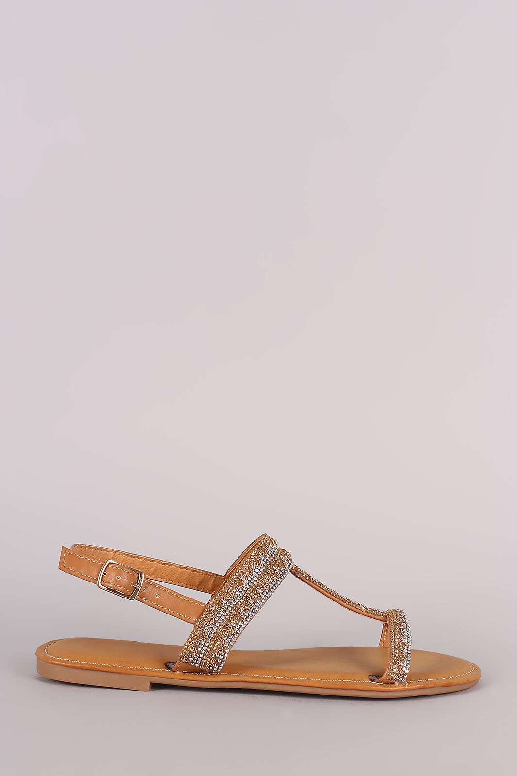 Bamboo Rhinestone Accent T-Strap Slingback Flat Sandal