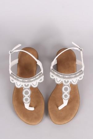 Bamboo Rhinestone Beadwork T-Strap Thong Sandal