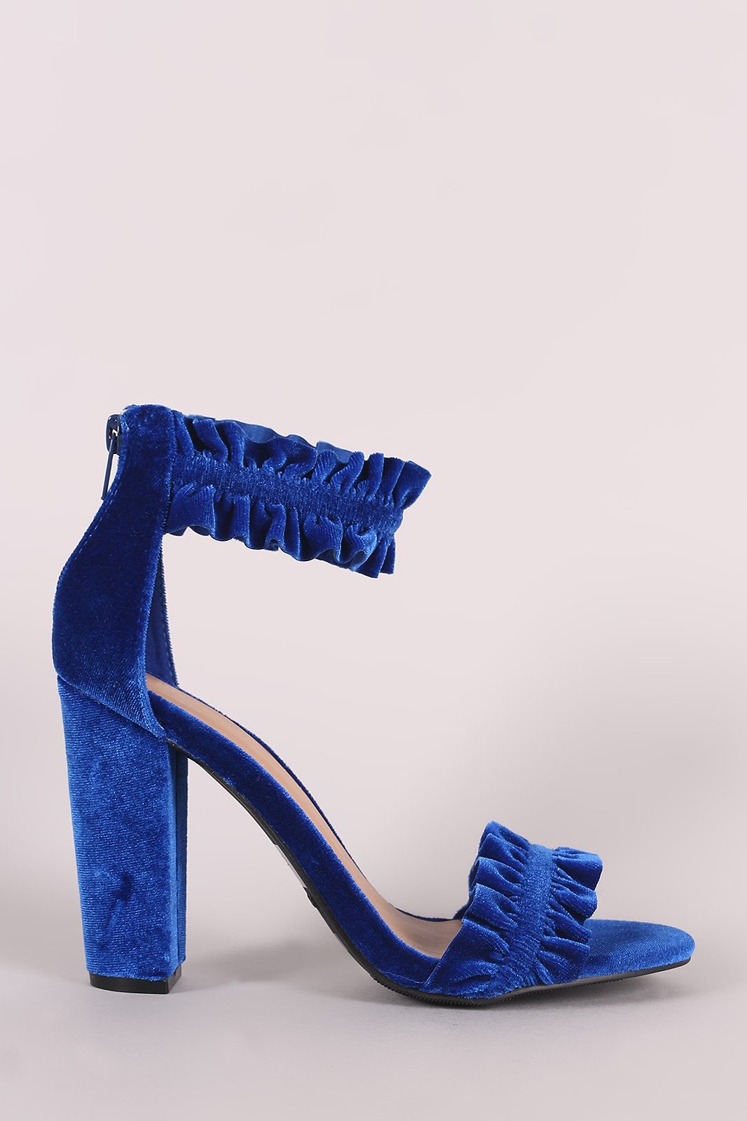 Bamboo Velvet Ruffle-Trimmed Single Sole Chunky Heel