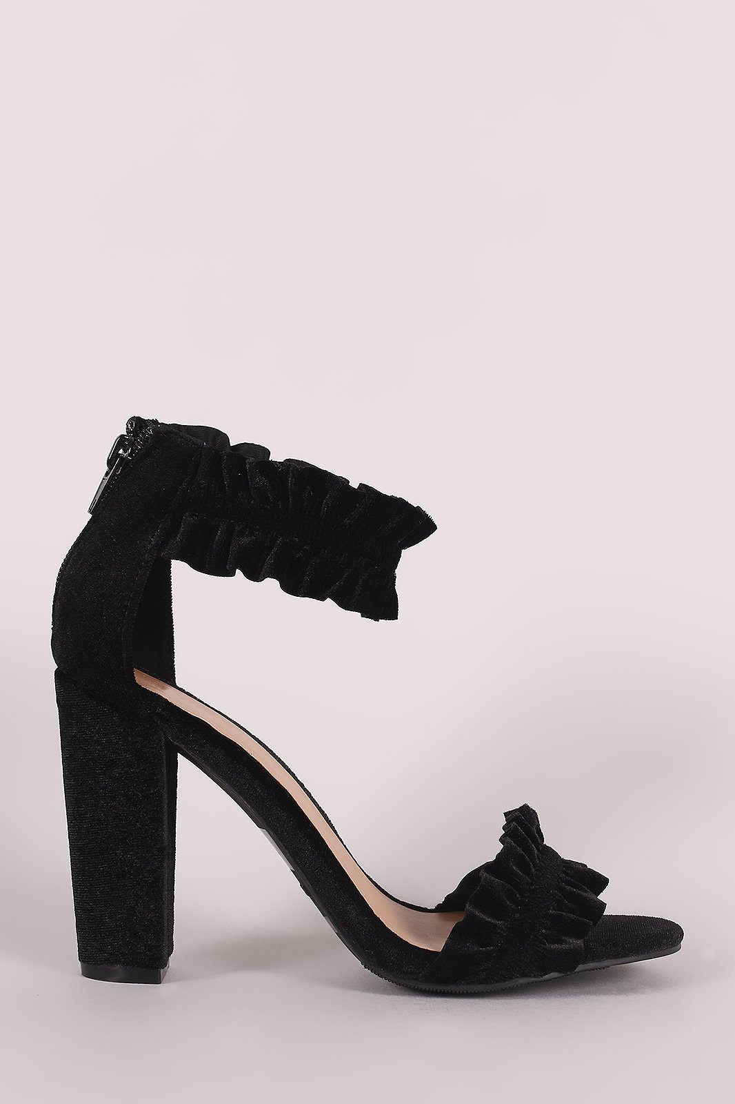 Bamboo Velvet Ruffle-Trimmed Single Sole Chunky Heel
