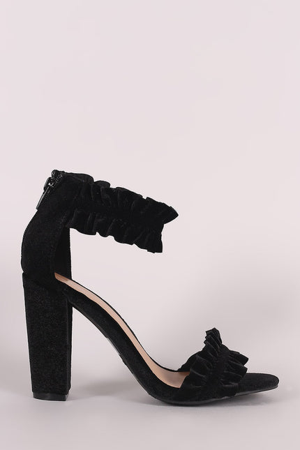 Bamboo Velvet Ruffle-Trimmed Single Sole Chunky Heel