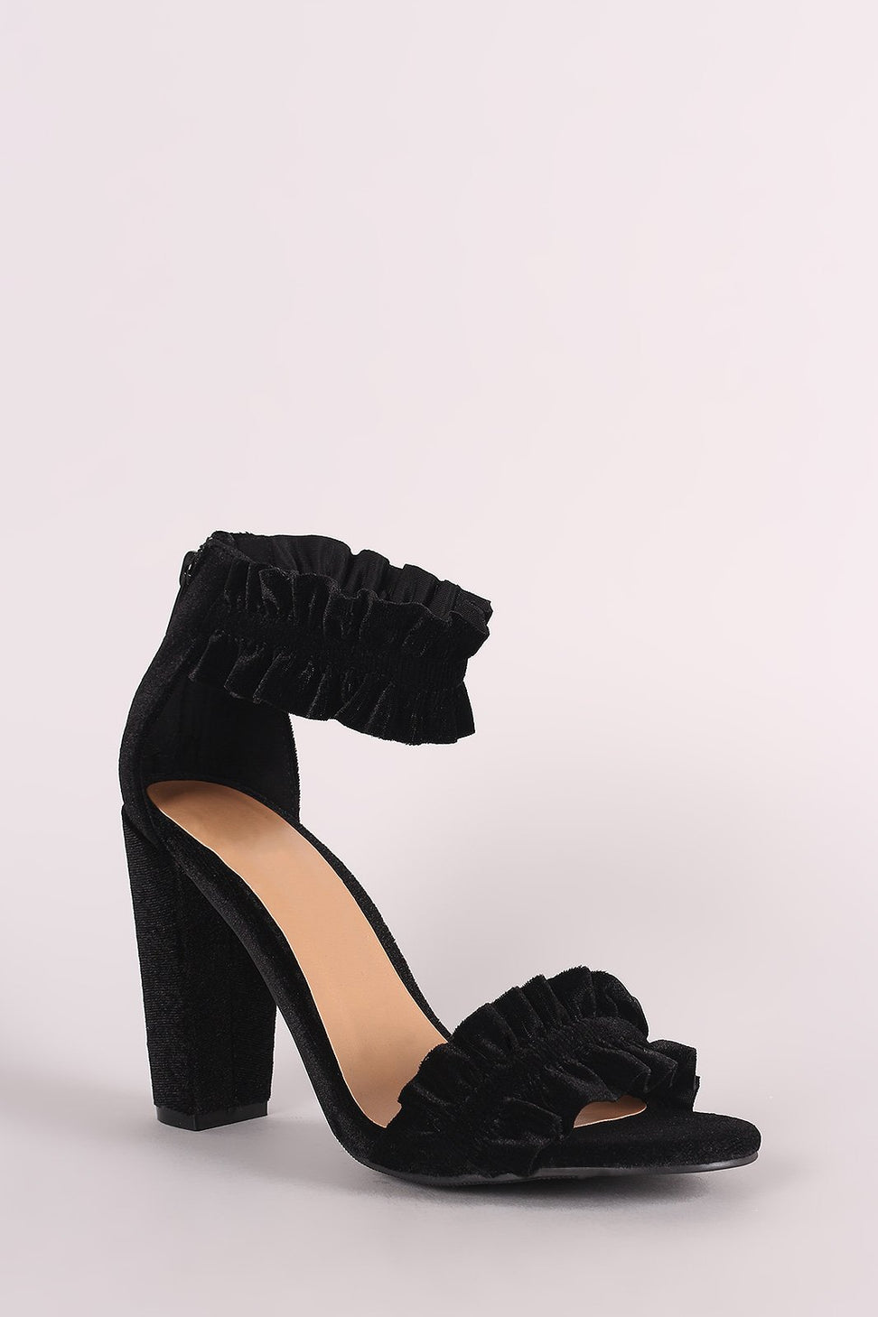 Bamboo Velvet Ruffle-Trimmed Single Sole Chunky Heel