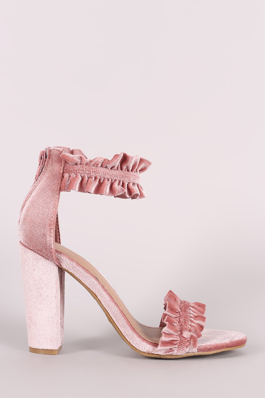 Bamboo Velvet Ruffle-Trimmed Single Sole Chunky Heel