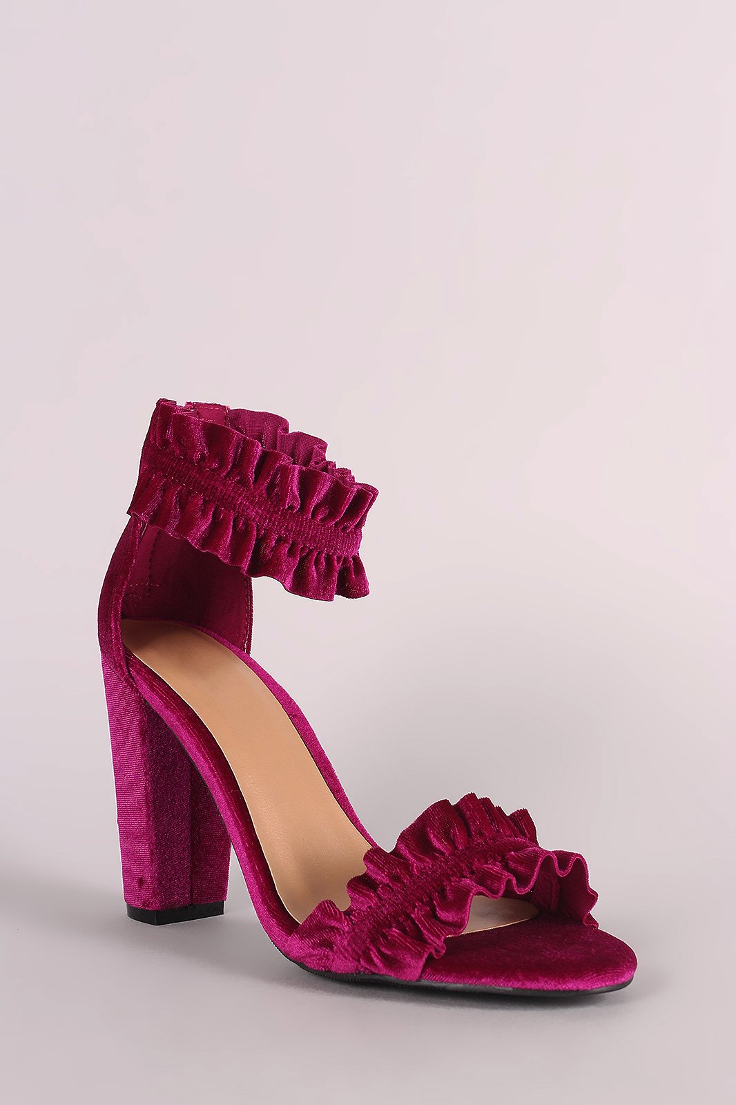 Bamboo Velvet Ruffle-Trimmed Single Sole Chunky Heel