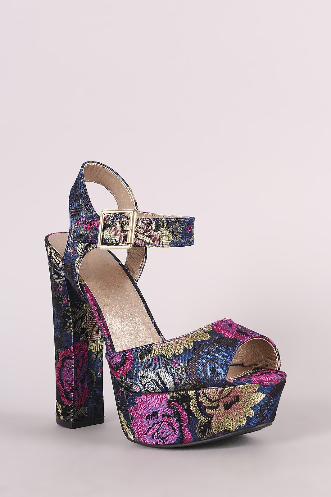 Qupid Floral Brocade Ankle Strap Chunky Platform Heel
