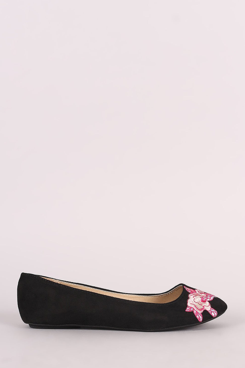 Qupid Suede Round Toe Embroidered Floral Ballet Flat