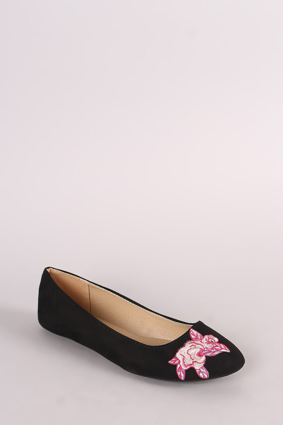 Qupid Suede Round Toe Embroidered Floral Ballet Flat