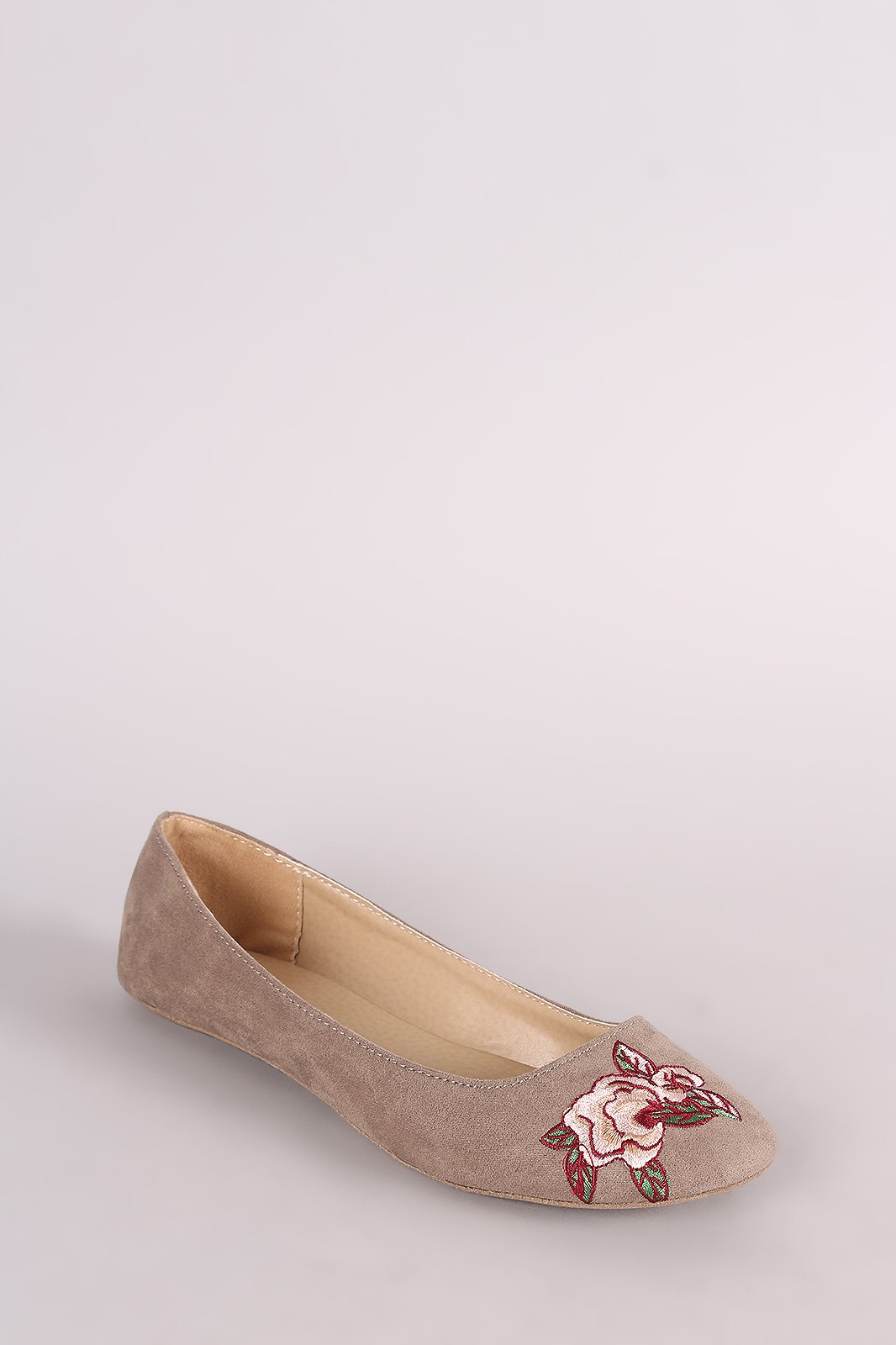 Qupid Suede Round Toe Embroidered Floral Ballet Flat