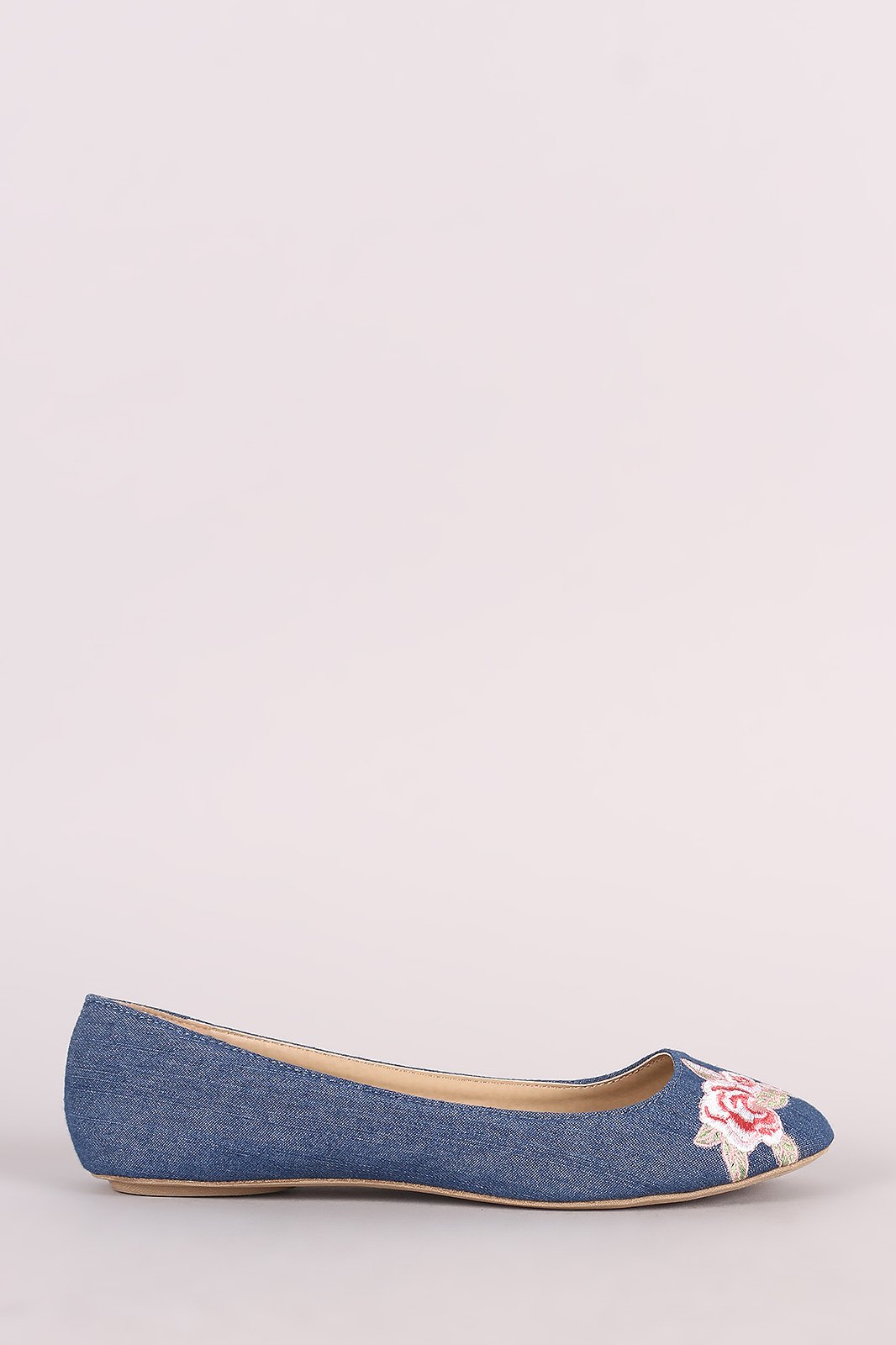 Qupid Denim Round Toe Embroidered Floral Ballet Flat