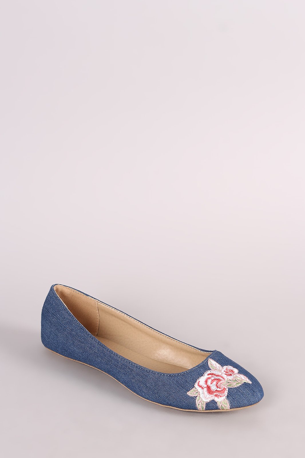 Qupid Denim Round Toe Embroidered Floral Ballet Flat