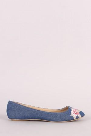 Qupid Denim Round Toe Embroidered Floral Ballet Flat