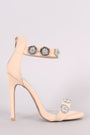 Qupid Nubuck Sequin Floral Applique Ankle Strap Stiletto Heel