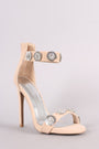 Qupid Nubuck Sequin Floral Applique Ankle Strap Stiletto Heel