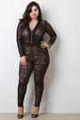 Semi-Sheer Lace Mesh V-Neck Long Sleeve Jumpsuit