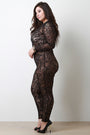 Semi-Sheer Lace Mesh V-Neck Long Sleeve Jumpsuit