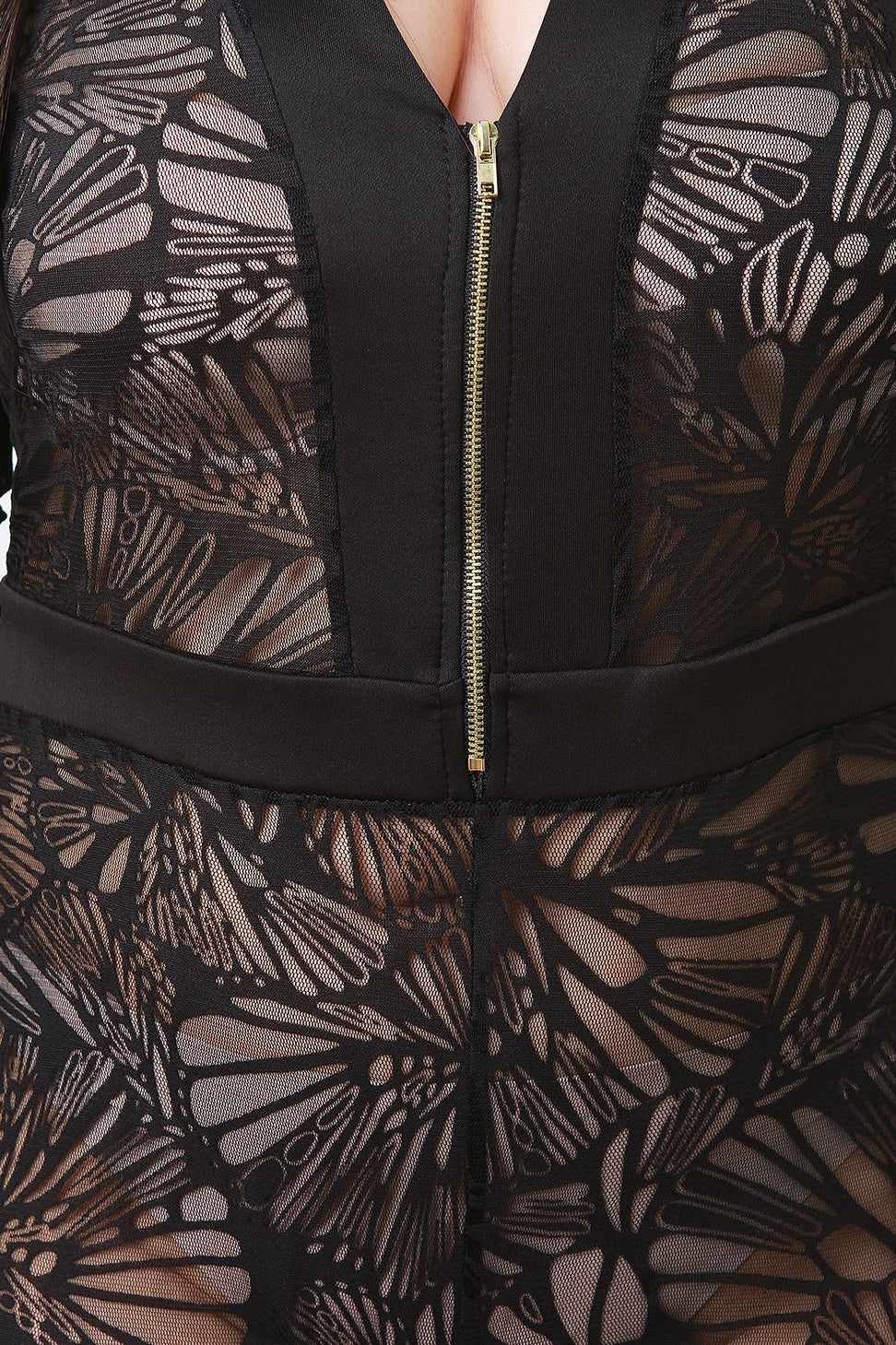 Semi-Sheer Lace Mesh V-Neck Long Sleeve Jumpsuit