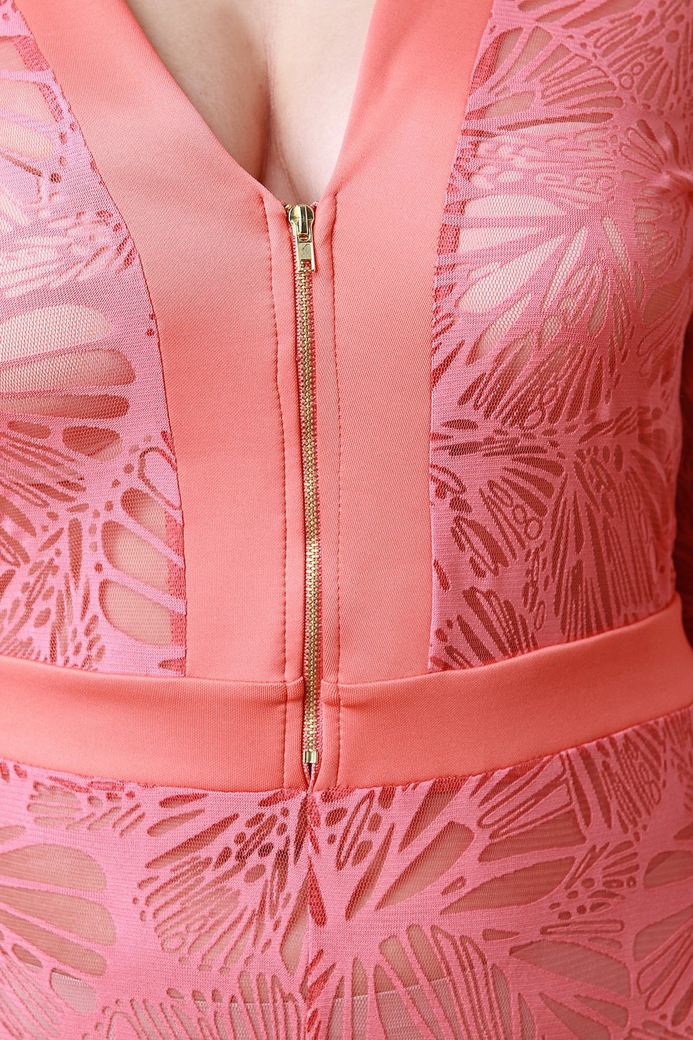 Semi-Sheer Lace Mesh V-Neck Long Sleeve Jumpsuit