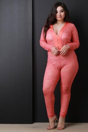 Semi-Sheer Lace Mesh V-Neck Long Sleeve Jumpsuit