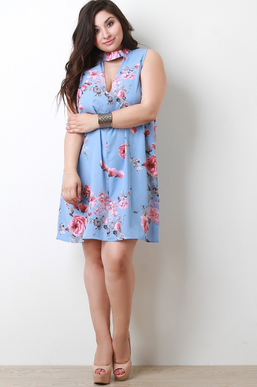 Plus Size Rose Blossom Mock Neck Shift Dress